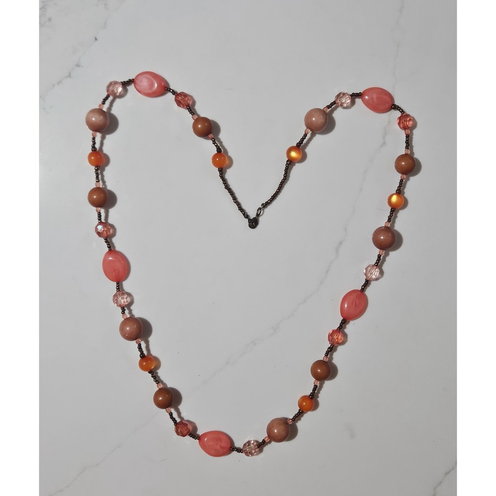 Long Beaded Strand Necklace Coral Terracotta Amber Boho Multi-Bead